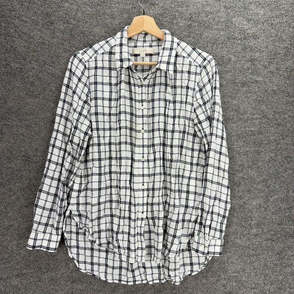 Loft Shirt Women M Medium White Plaid Button Up Collared Long Sleeve Rayon - Picture 1 of 7